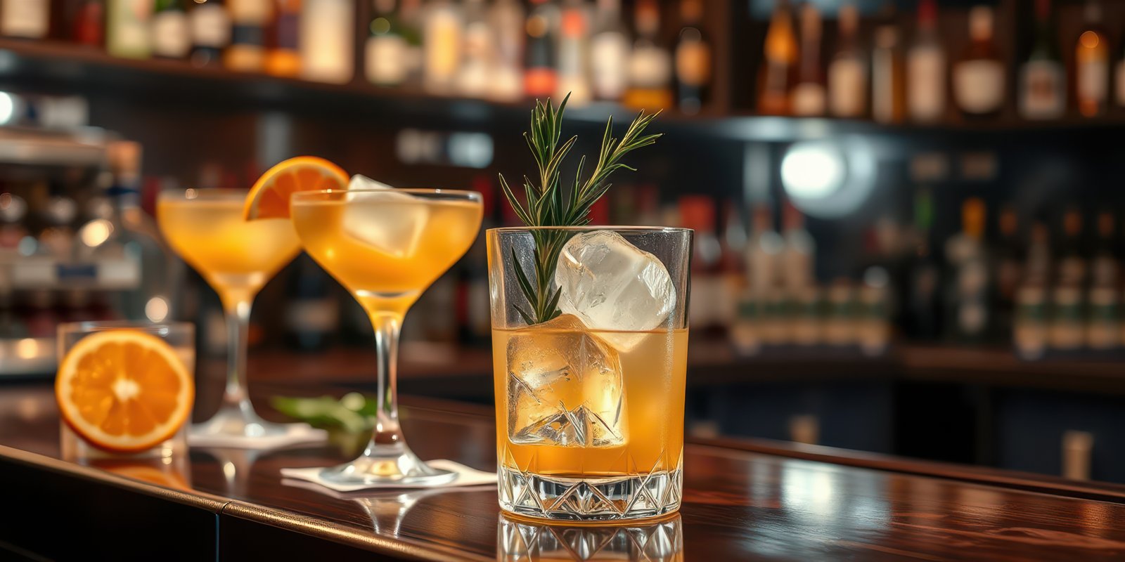 Cocktails on the bar with fresh garnishes at a lively cocktail lounge during the evening
